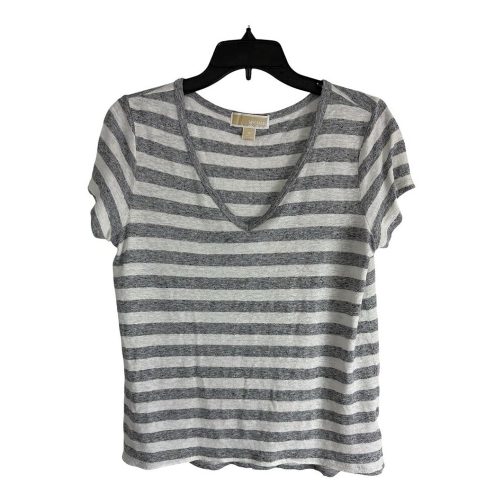 Michael Kors Womens Shirt Gray Size Medium Linen Blend V Neck Knit Tee V Neck